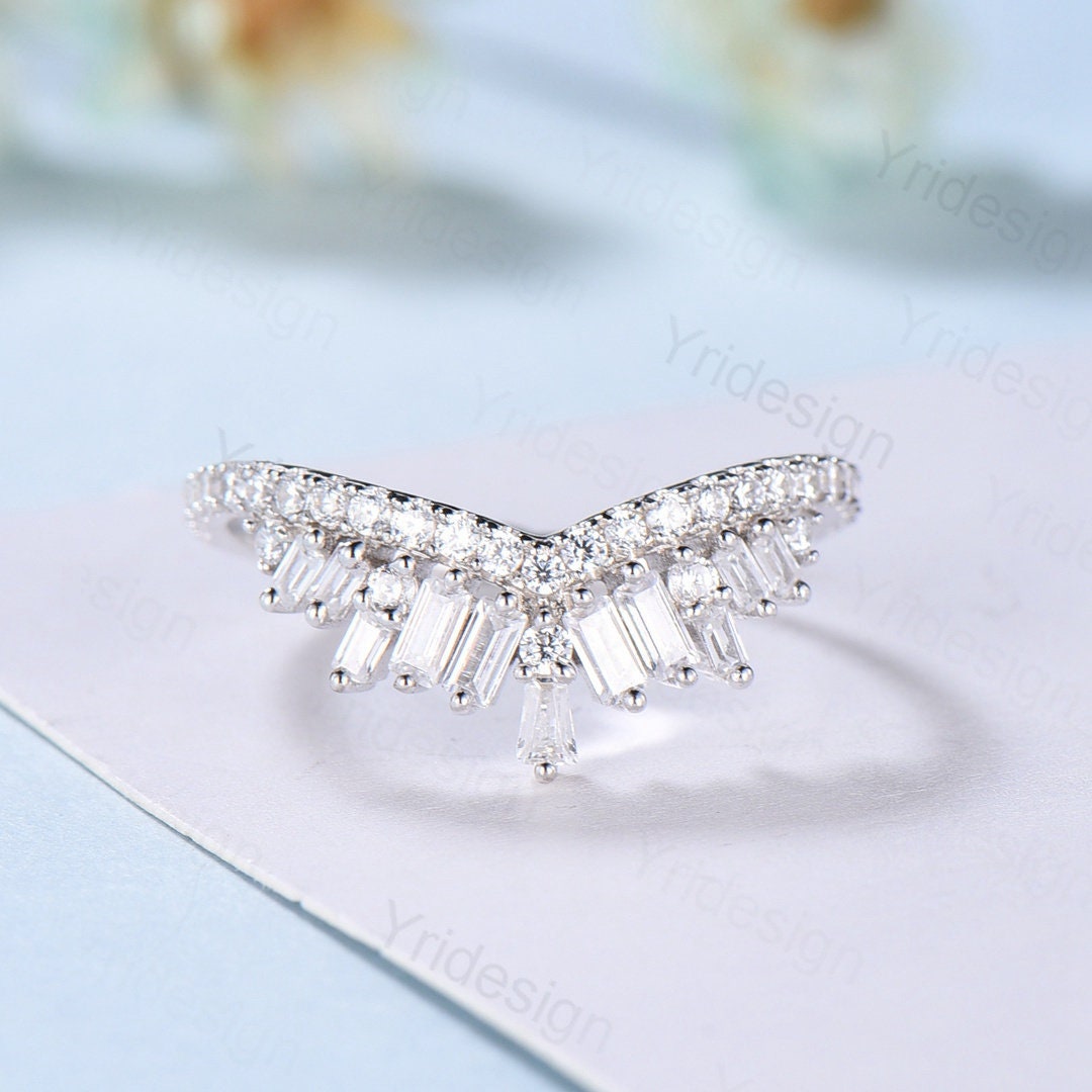 Baguette moissanite wedding band Curved diamond wedding band white gold band Vintage Antique Matching stacking Ring Bridal Anniversary band - PENFINE