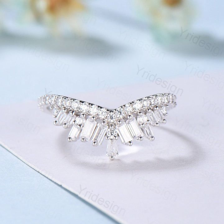 Baguette moissanite wedding band Curved diamond wedding band white gold band Vintage Antique Matching stacking Ring Bridal Anniversary band - PENFINE
