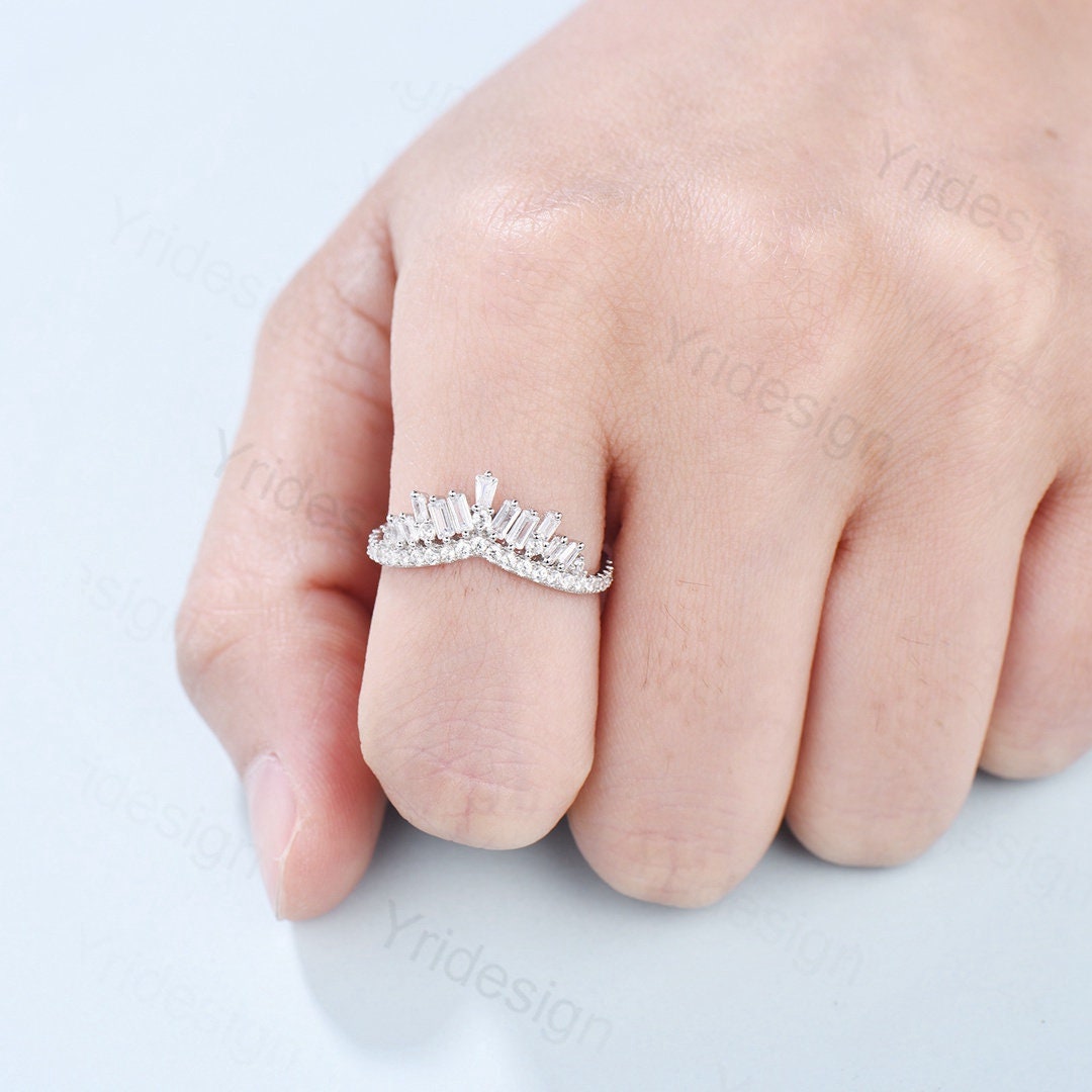 Baguette moissanite wedding band Curved diamond wedding band white gold band Vintage Antique Matching stacking Ring Bridal Anniversary band - PENFINE