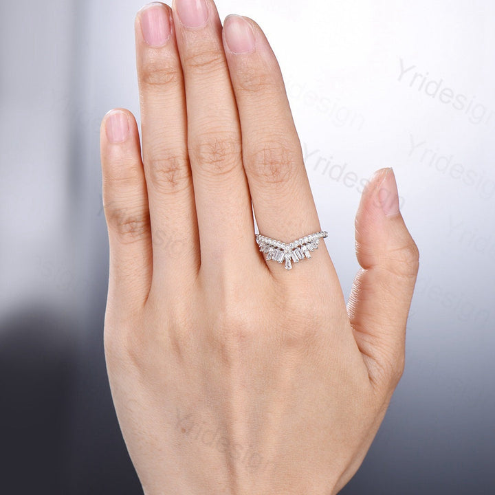 Baguette moissanite wedding band Curved diamond wedding band white gold band Vintage Antique Matching stacking Ring Bridal Anniversary band - PENFINE