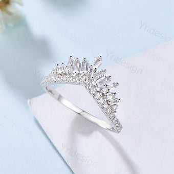 Baguette moissanite wedding band Curved diamond wedding band white gold band Vintage Antique Matching stacking Ring Bridal Anniversary band - PENFINE
