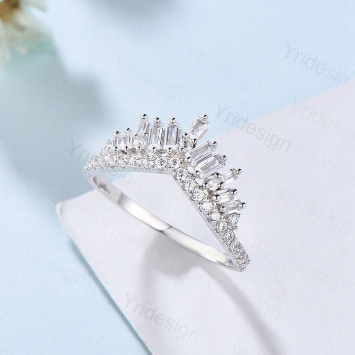 Baguette moissanite wedding band Curved diamond wedding band white gold band Vintage Antique Matching stacking Ring Bridal Anniversary band - PENFINE
