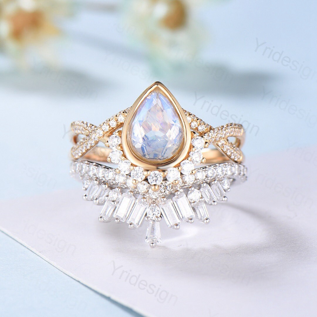 Pear Cut Moonstone Engagement Ring Set buy Vintage Moonstone Art Deco Wedding Ring Set Rose Gold Moonstone 3 Piece Wedding Ring Set For Women