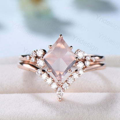 Unique Rose Quartz Engagement Ring Set Rhombus Shape Rose Gold Pink Quartz Wedding Ring Set, Nature Inspired Ring, Art Deco Wedding Band V - PENFINE