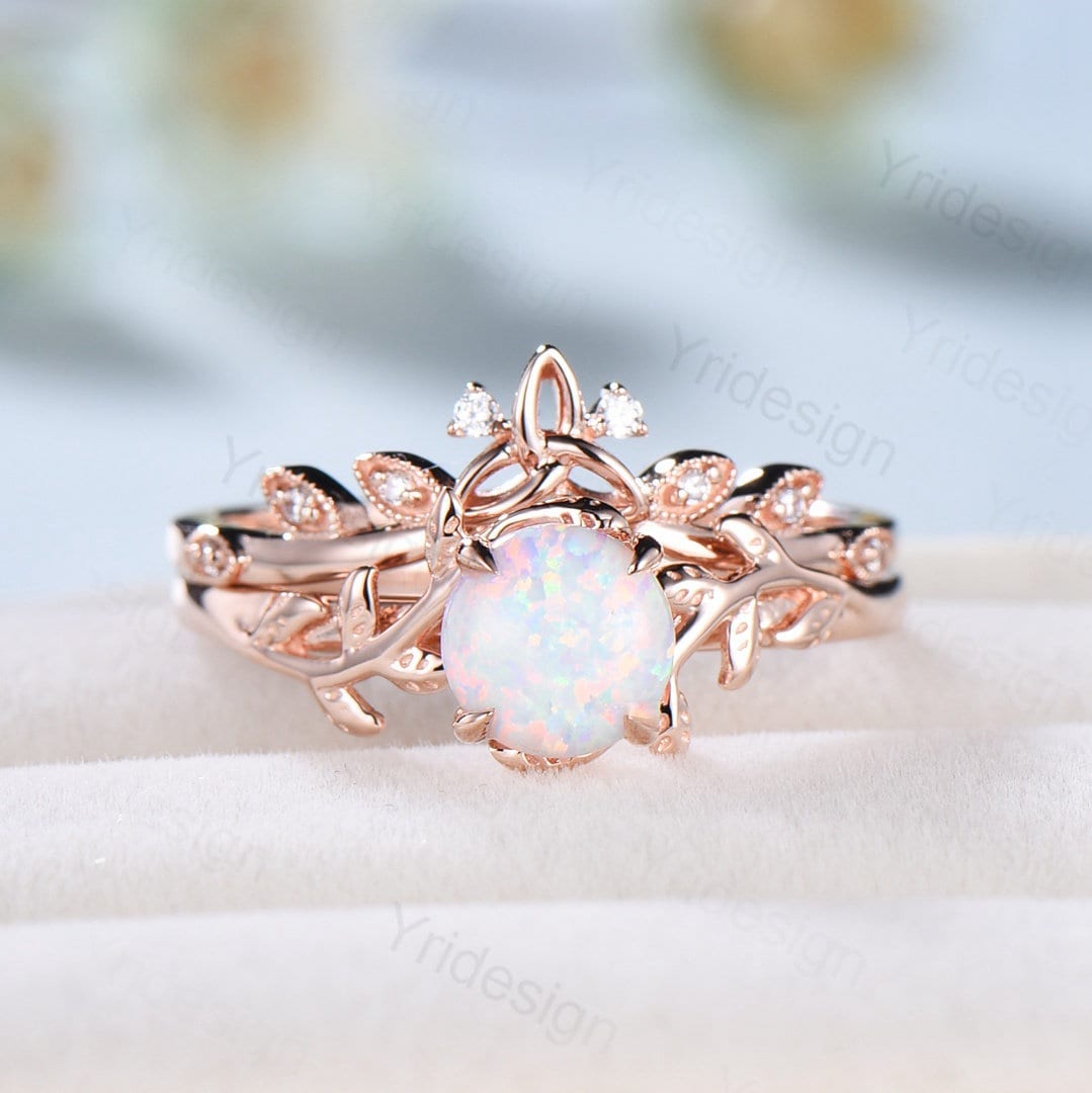 Opal Engagement Ring Set,1 Carat White Fire Opal Vine Leaf Ring, Nature Inspired Wedding Ring For Women,October Birthstone Bridal Ring - PENFINE