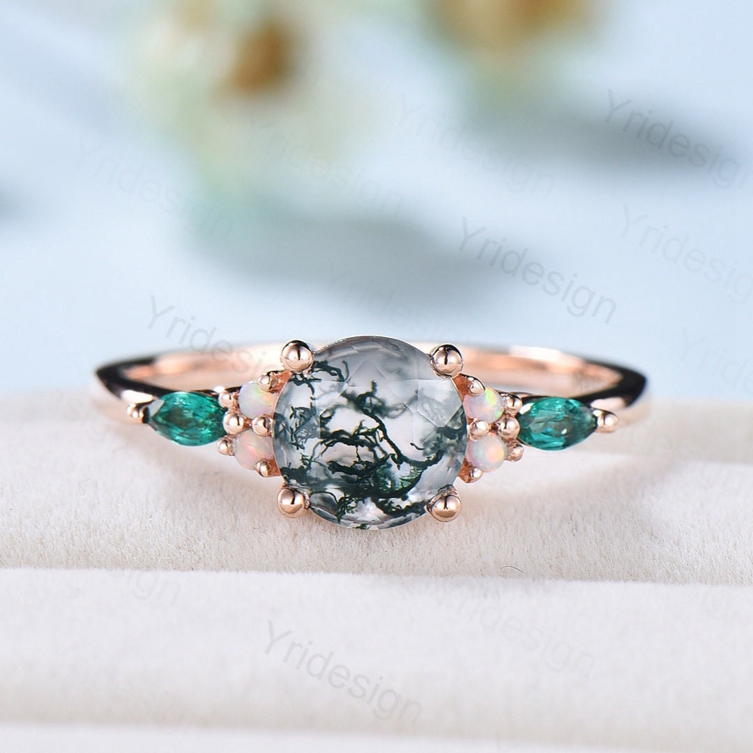 Custom order:Moss Agate Engagement Ring,4pcs 1.5mm round diamonds,2cps 4x2mm marquise aquamarine,14k white gold - PENFINE