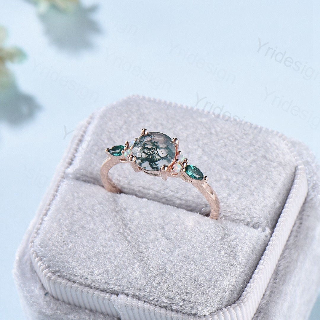 1 Carat Vintage Unique Moss Agate Cluster Opal Emerald Engagement Ring - PENFINE