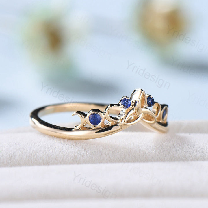 Sapphire Wedding Ring Celtic Knot Norse Viking Sapphire wedding band women unique curved Matching stacking band anniversary ring gift - PENFINE