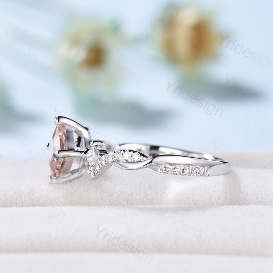 5mm Princess cut morganite engagement ring rose gold-Unique peach morganite infinity moissanite wedding band-vintage anniversary rings - PENFINE