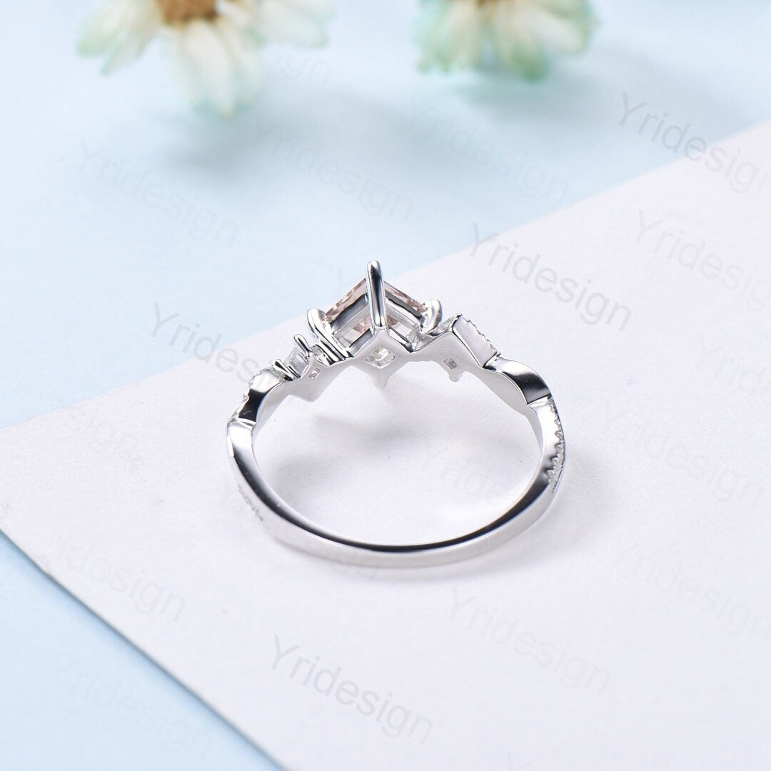 5mm Princess cut morganite engagement ring rose gold-Unique peach morganite infinity moissanite wedding band-vintage anniversary rings - PENFINE