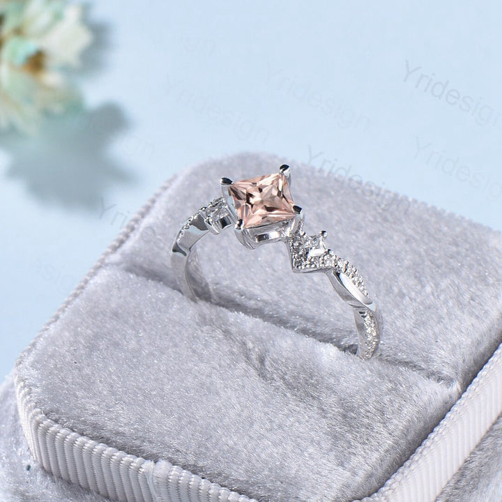 5mm Princess cut morganite engagement ring rose gold-Unique peach morganite infinity moissanite wedding band-vintage anniversary rings - PENFINE