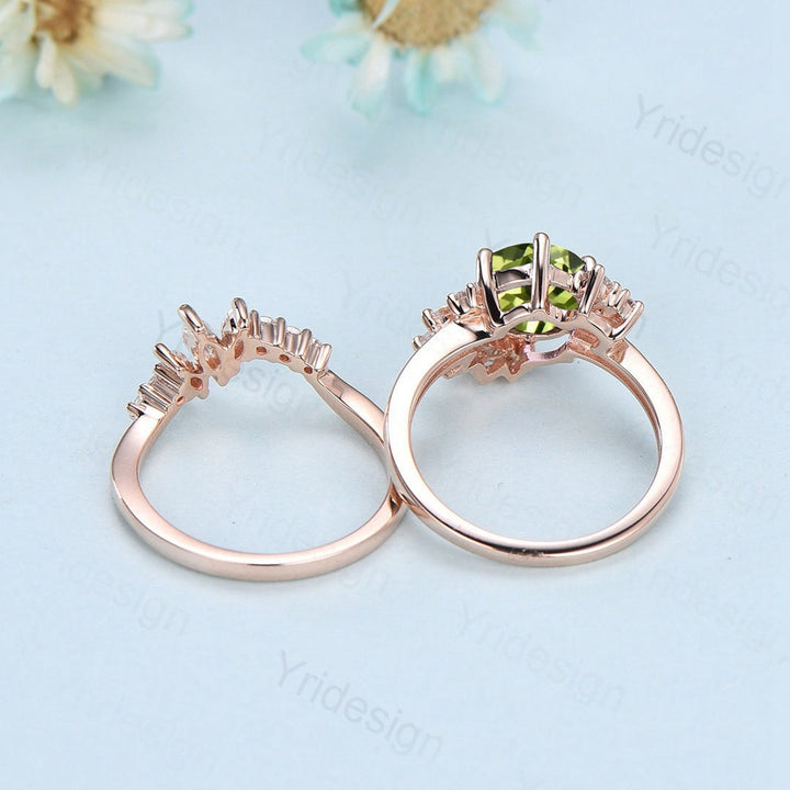 Vintage Peridot Engagement Ring Set Unique Cluster Moissanite Wedding Set Rose Gold Art Deco Anniversary Ring bridal set women gifts - PENFINE