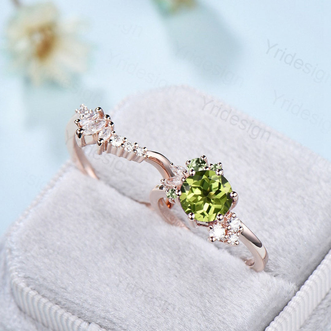 Vintage Peridot Engagement Ring Set Unique Cluster Moissanite Wedding Set Rose Gold Art Deco Anniversary Ring bridal set women gifts - PENFINE