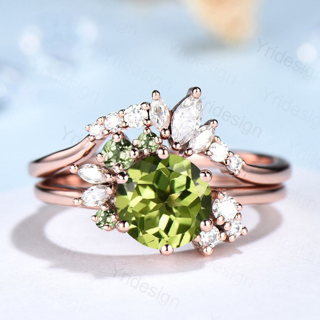 Vintage Peridot Engagement Ring Set Unique Cluster Moissanite Wedding Set Rose Gold Art Deco Anniversary Ring bridal set women gifts - PENFINE