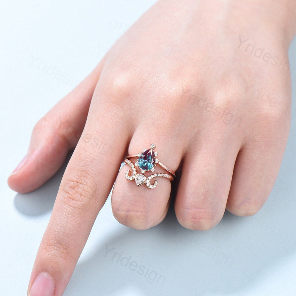 Vintage Pear shaped alexandrite engagement ring set Art Deco Rose gold Moissanite Stacking Ring Unique anniversary bridal ring for women - PENFINE