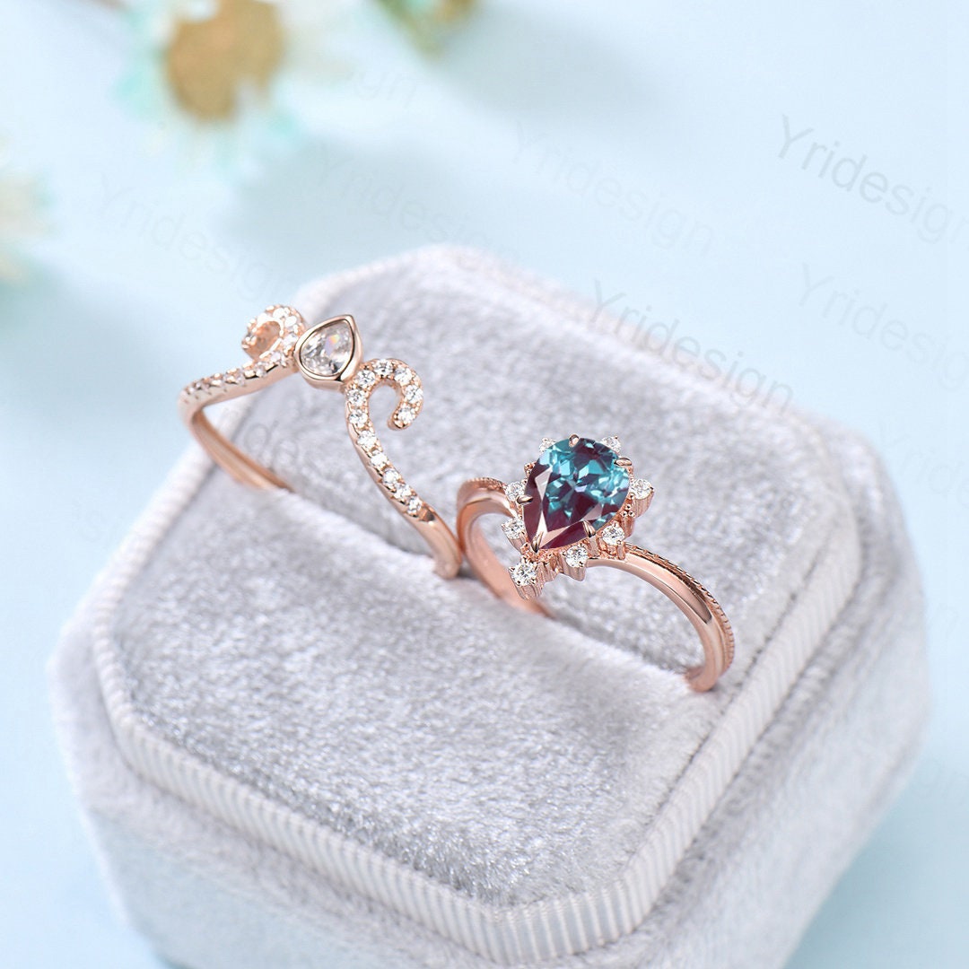 Vintage Pear shaped alexandrite engagement ring set Art Deco Rose gold Moissanite Stacking Ring Unique anniversary bridal ring for women - PENFINE