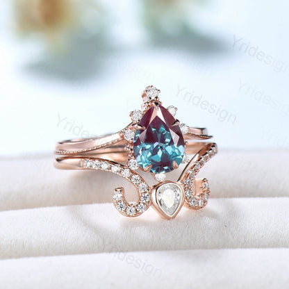 Vintage Pear shaped alexandrite engagement ring set Art Deco Rose gold Moissanite Stacking Ring Unique anniversary bridal ring for women - PENFINE