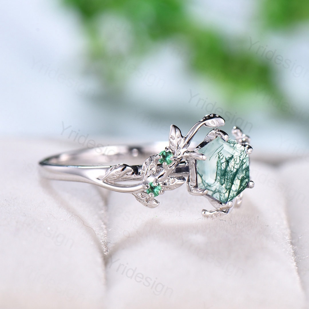 Unique Hexagon Natural Moss Agate Engagement Ring set Vintage Rose gold Ring Nature Inspired Leaf hotsell Ring Healing Gemstone Ring Promise ring