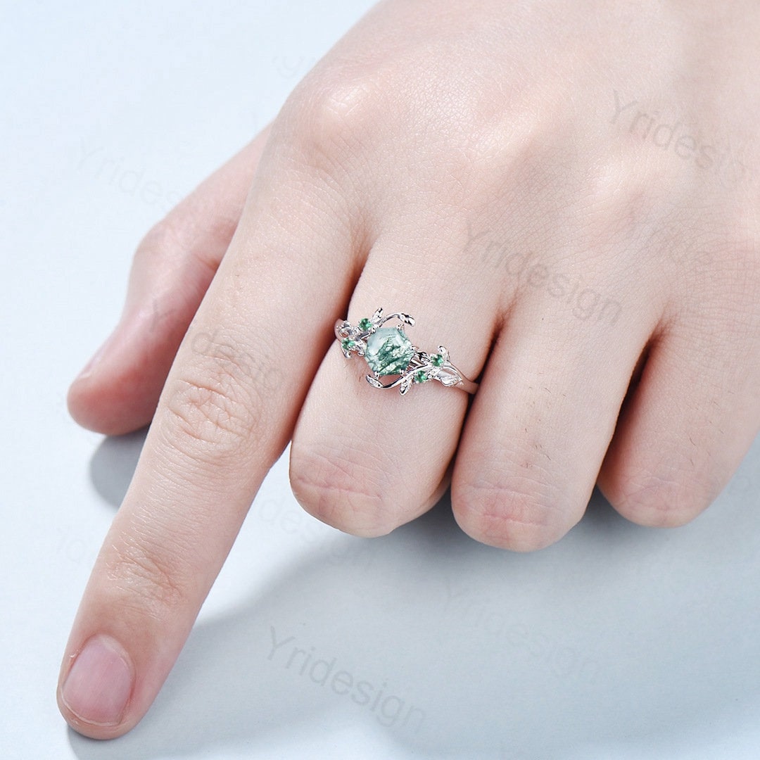 Unique orders Hexagon Natural Moss Agate Engagement Ring set Vintage Rose gold Ring Nature Inspired Leaf Ring Healing Gemstone Ring Promise ring