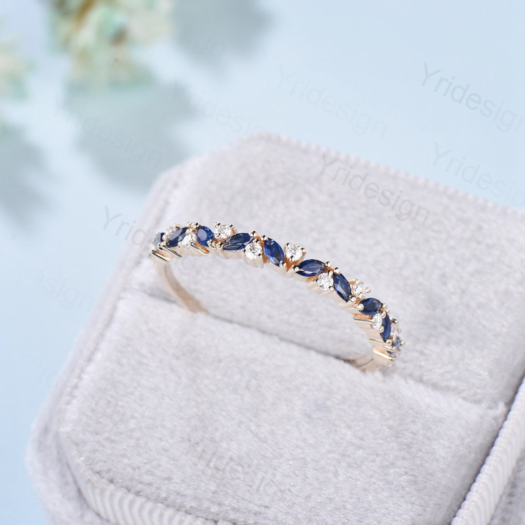 Vintage Sapphire Wedding Band , Marquise cut yellow gold wedding ring, Unique Stacking ring matching ring Bridal ring, Anniversary band ring - PENFINE