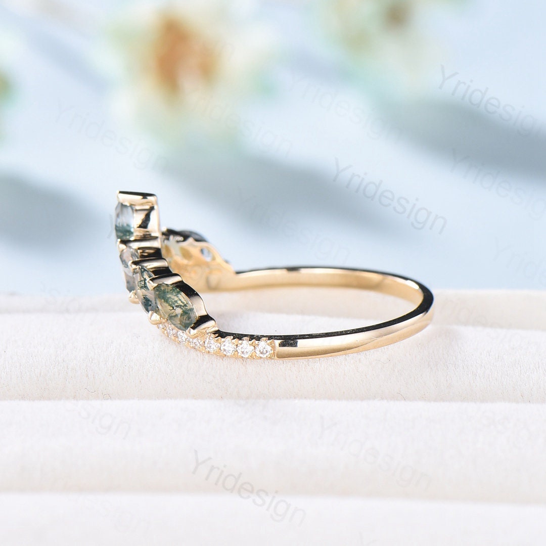 Vintage Moss Agate Wedding Bands Women Rose Gold Marquise Cut Unique Curved V Moissanite Matching Stacking Anniversary Ring Promise Ring - PENFINE