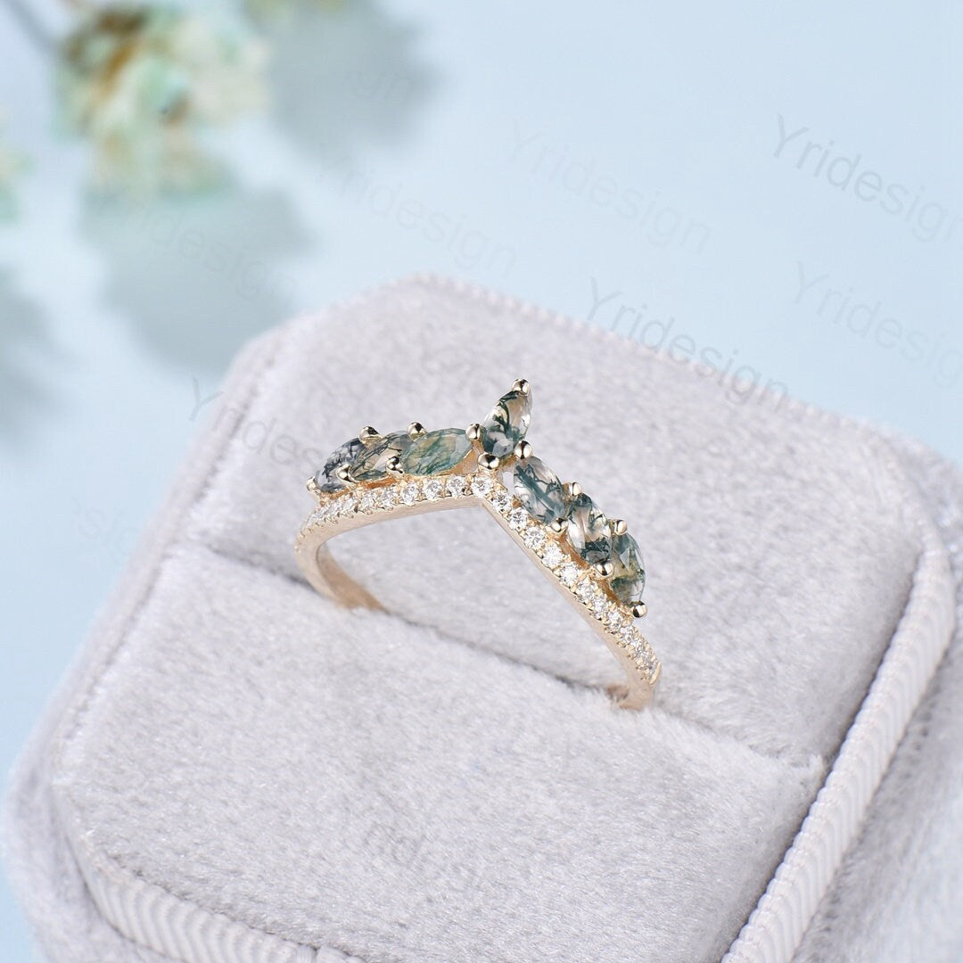 Vintage Moss Agate Wedding Bands Women Rose Gold Marquise Cut Unique Curved V Moissanite Matching Stacking Anniversary Ring Promise Ring - PENFINE