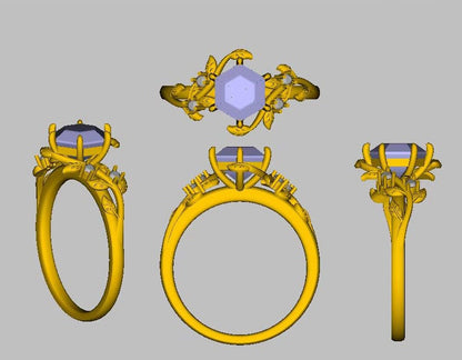 14K Rose Gold Vintage alexandrite ring Unique Leaf vine wedding ring women Hexagon cut engagement ring cluster emerald alternative ring - PENFINE