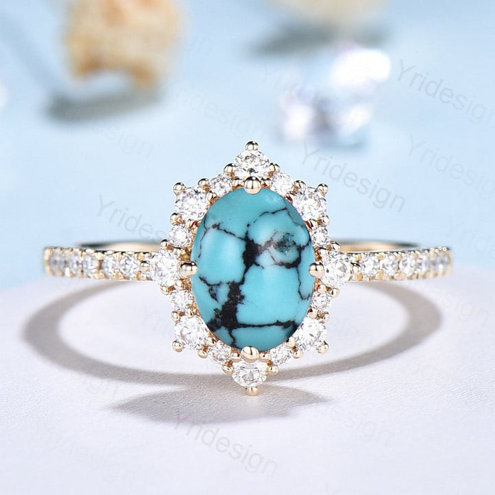 Vintage turquoise engagement ring halo moissanite oval turquoise rings for women December birthstone ring bridal wedding promise ring - PENFINE