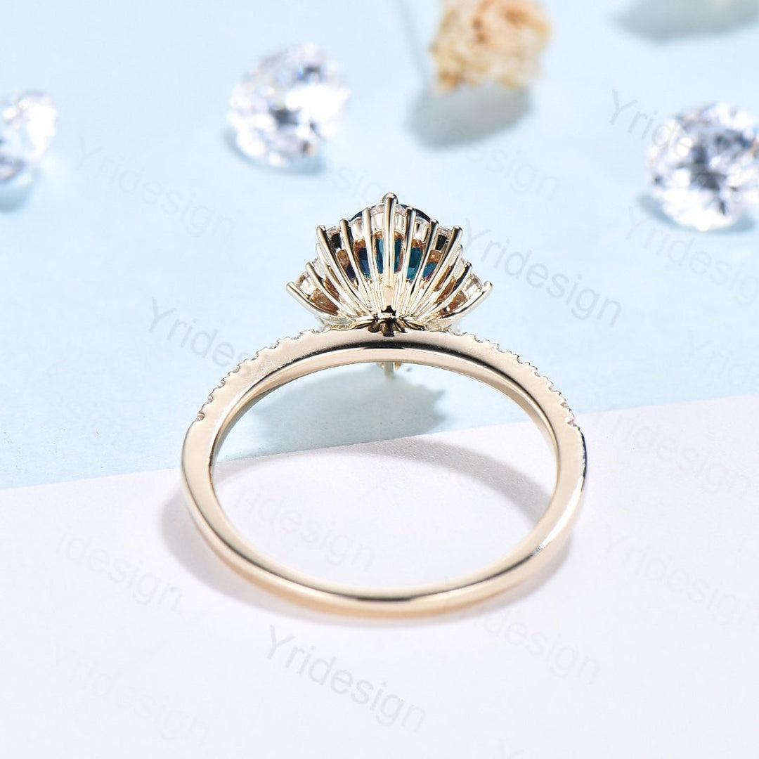 Vintage turquoise engagement ring halo moissanite oval turquoise rings for women December birthstone ring bridal wedding promise ring - PENFINE