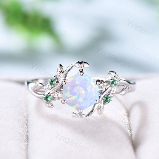 Hexagon Cut Opal Ring for women Vintage White Opal Engagement Ring Unique Nature Inspired Bridal Ring Leaf Vine emerald Wedding Bridal Ring - PENFINE