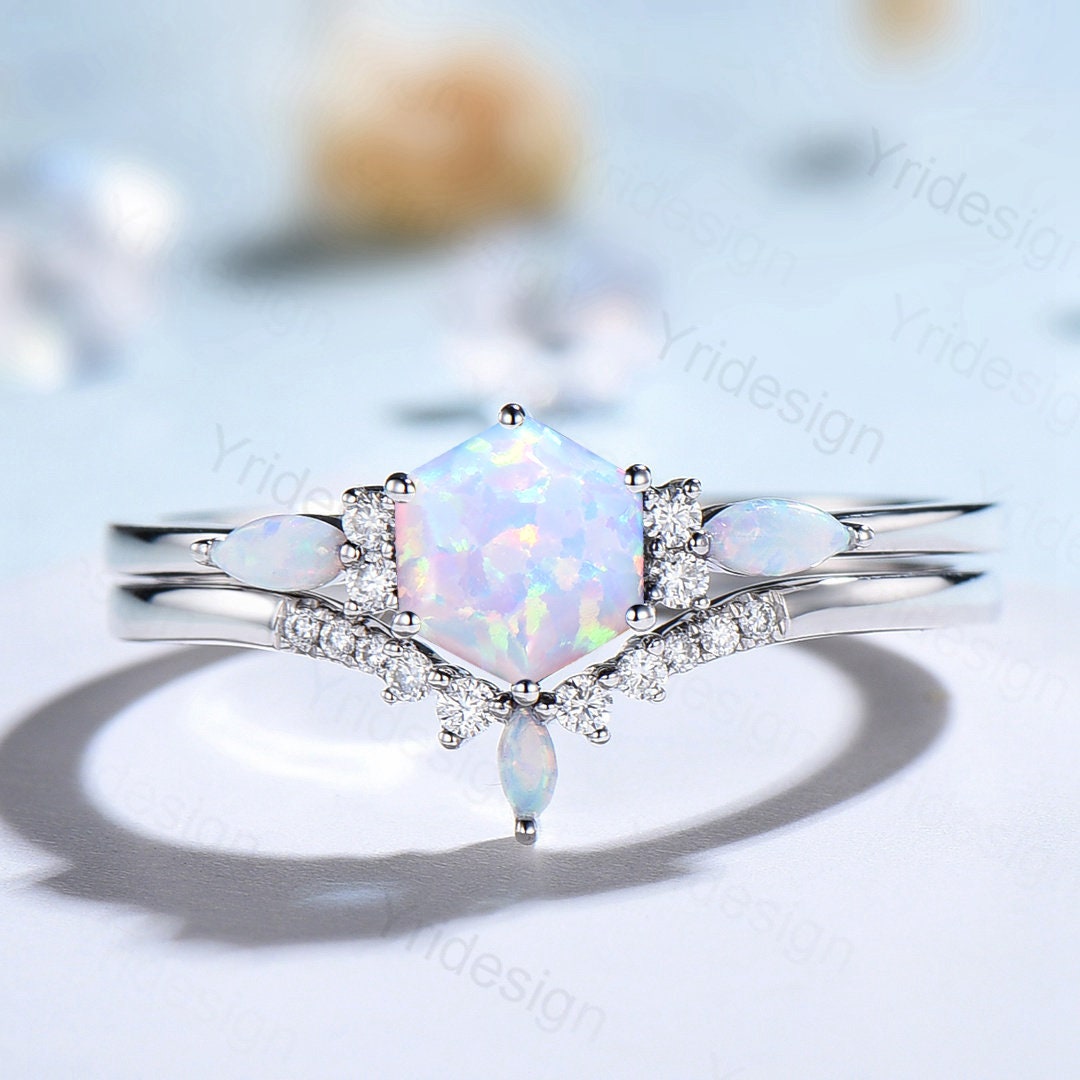 Vintage Opal Engagement Ring Set Unique Cluster Marquise Opal Wedding Ring Personalized Anniversary Gift Women Crown Moissanite Band Ring - PENFINE