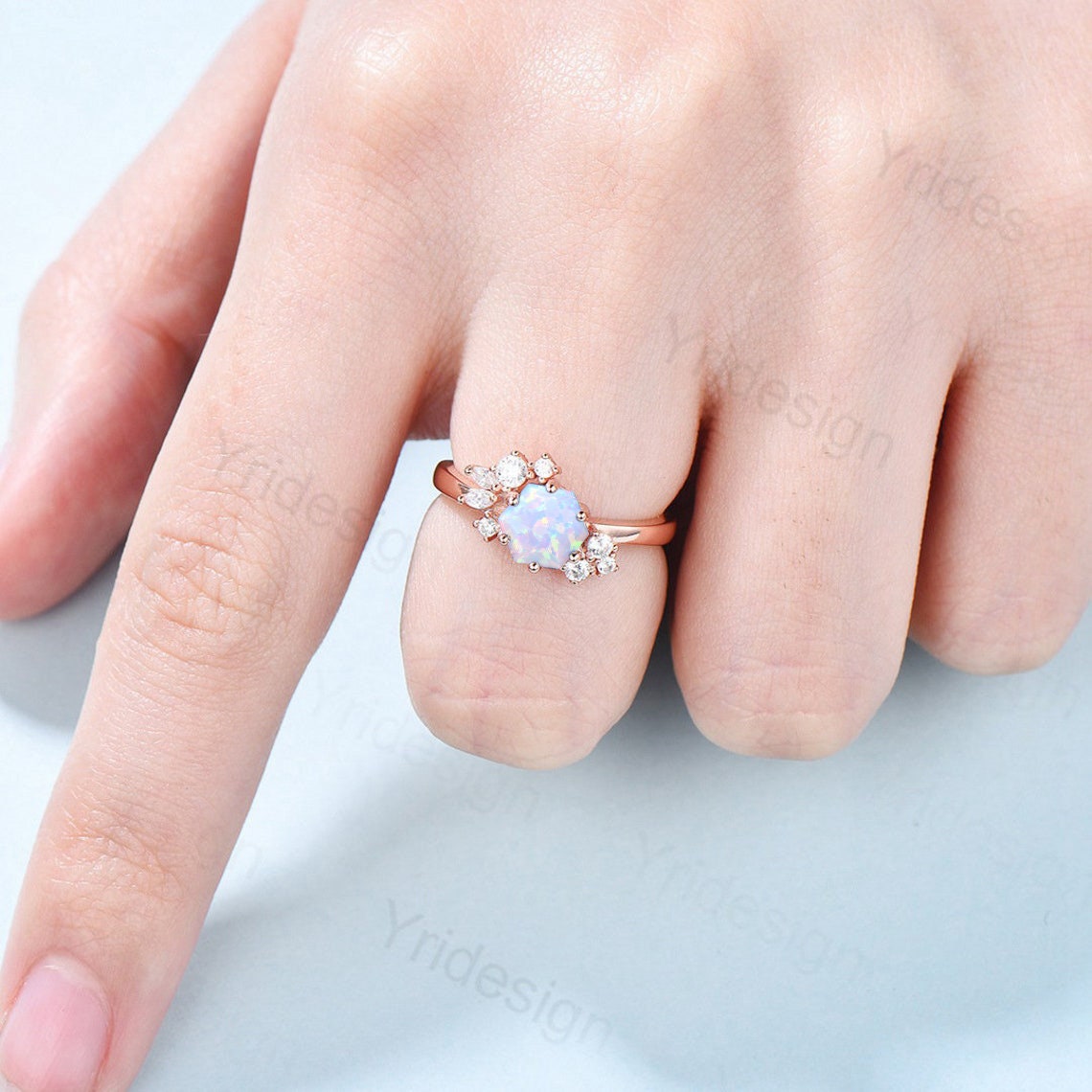 Hexagon cut opal ring silver vintage unique white opal engagement ring cluster simulant diamond ring art deco promise ring for women - PENFINE