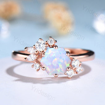 Hexagon cut opal ring silver vintage unique white opal engagement ring cluster simulant diamond ring art deco promise ring for women - PENFINE