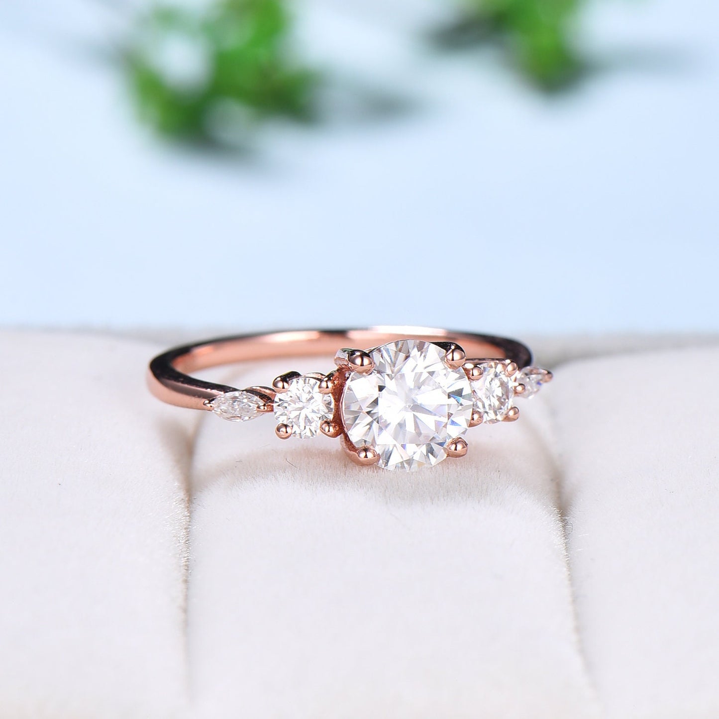 6.5mm round moissanite engagement ring Art Deco Wedding Ring, Five Stone Rose Gold Ring for women vintage unique Cluster promise ring - PENFINE