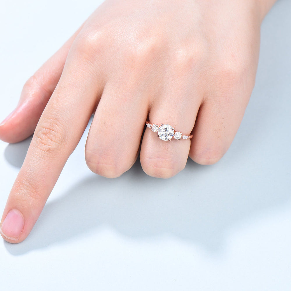 6.5mm round moissanite engagement ring Art Deco Wedding Ring, Five Stone Rose Gold Ring for women vintage unique Cluster promise ring - PENFINE