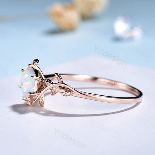Vintage Opal Ring for women Hexagon Cut Opal Engagement Ring Unique Nature Inspired Bridal Ring Leaf Flower Antique Wedding Anniversary Gift - PENFINE