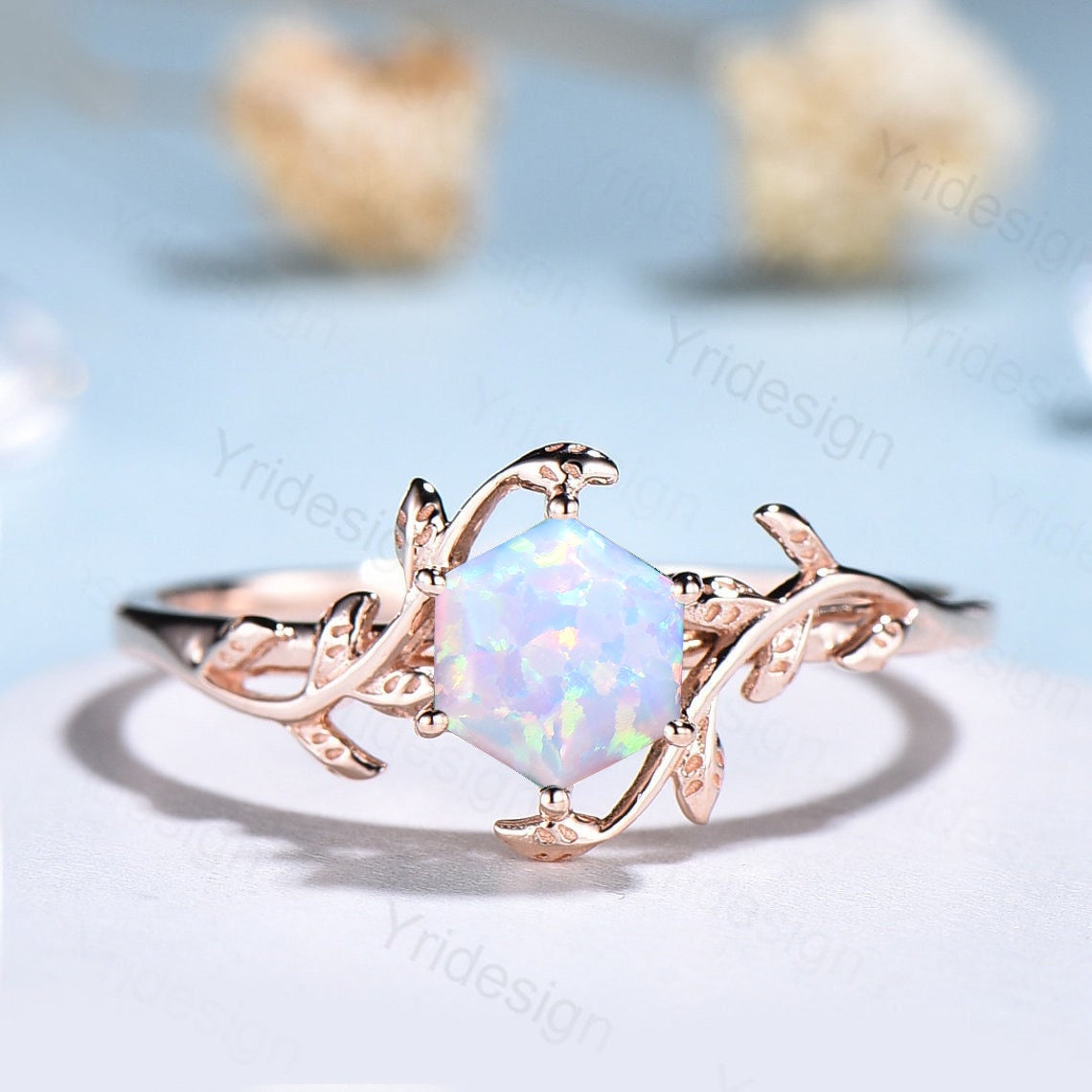Vintage Opal Ring for women Hexagon Cut Opal Engagement Ring Unique Nature Inspired Bridal Ring Leaf Flower Antique Wedding Anniversary Gift - PENFINE