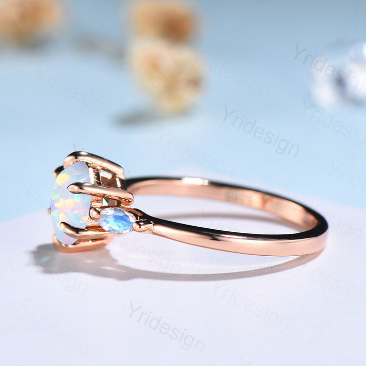 White Fire Opal Ring Hexagon Cut Opal Engagement Ring Vintage Three Stone Marquise Moonstone Wedding Ring Women 6 Prongs Anniversary Ring - PENFINE