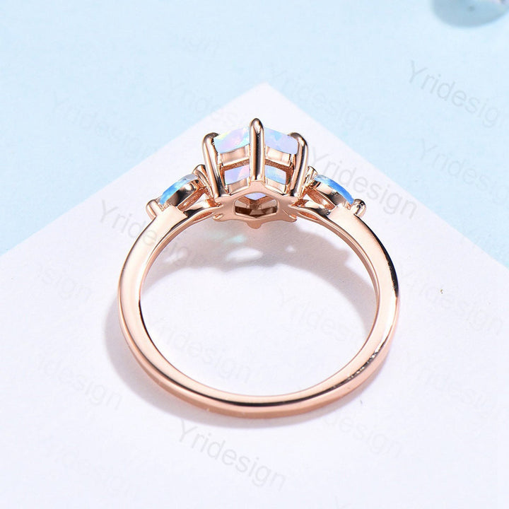 White Fire Opal Ring Hexagon Cut Opal Engagement Ring Vintage Three Stone Marquise Moonstone Wedding Ring Women 6 Prongs Anniversary Ring - PENFINE