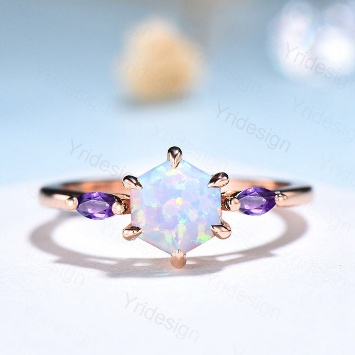 Solitaire Opal engagement ring six Prongs Marquise cut Amethyst ring for women vintage three stone art deco amethyst bridal ring gifts - PENFINE