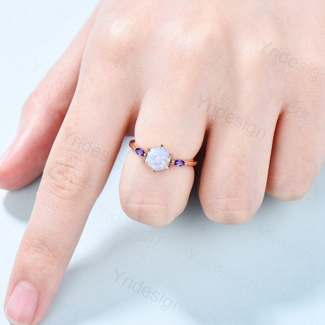 Solitaire Opal engagement ring six Prongs Marquise cut Amethyst ring for women vintage three stone art deco amethyst bridal ring gifts - PENFINE
