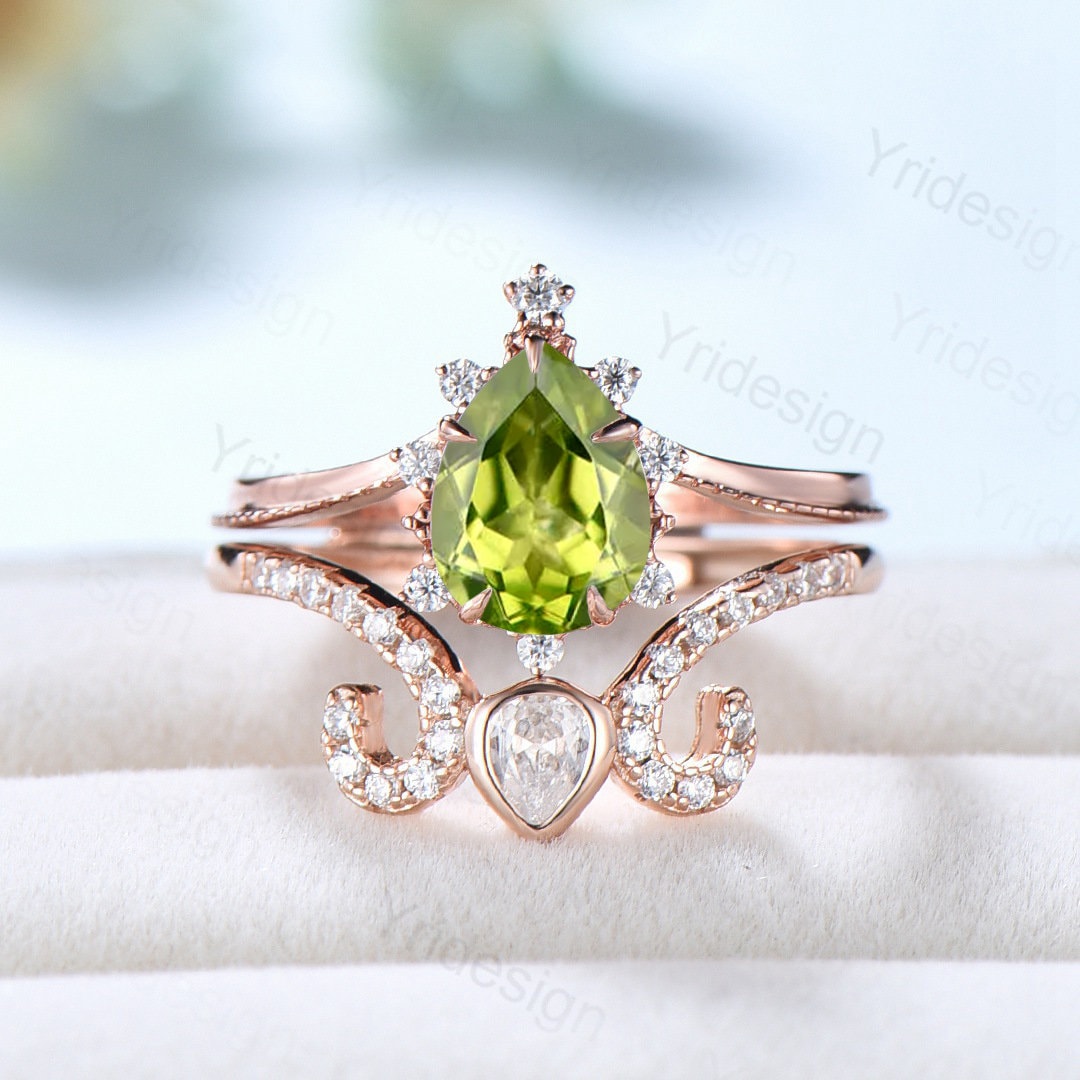 Vintage Pear shaped peridot engagement ring set Art Deco Rose gold Moissanite Stacking Ring Unique anniversary bridal ring for women - PENFINE