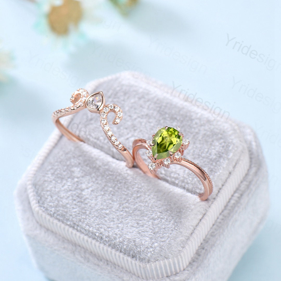 Vintage Pear shaped peridot engagement ring set Art Deco Rose gold Moissanite Stacking Ring Unique anniversary bridal ring for women - PENFINE