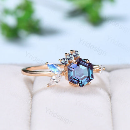 Cluster marquise moonstone Ring Vintage Hexagon Alexandrite engagement ring art deco fish silver gold moissanite bridal ring women gifts - PENFINE