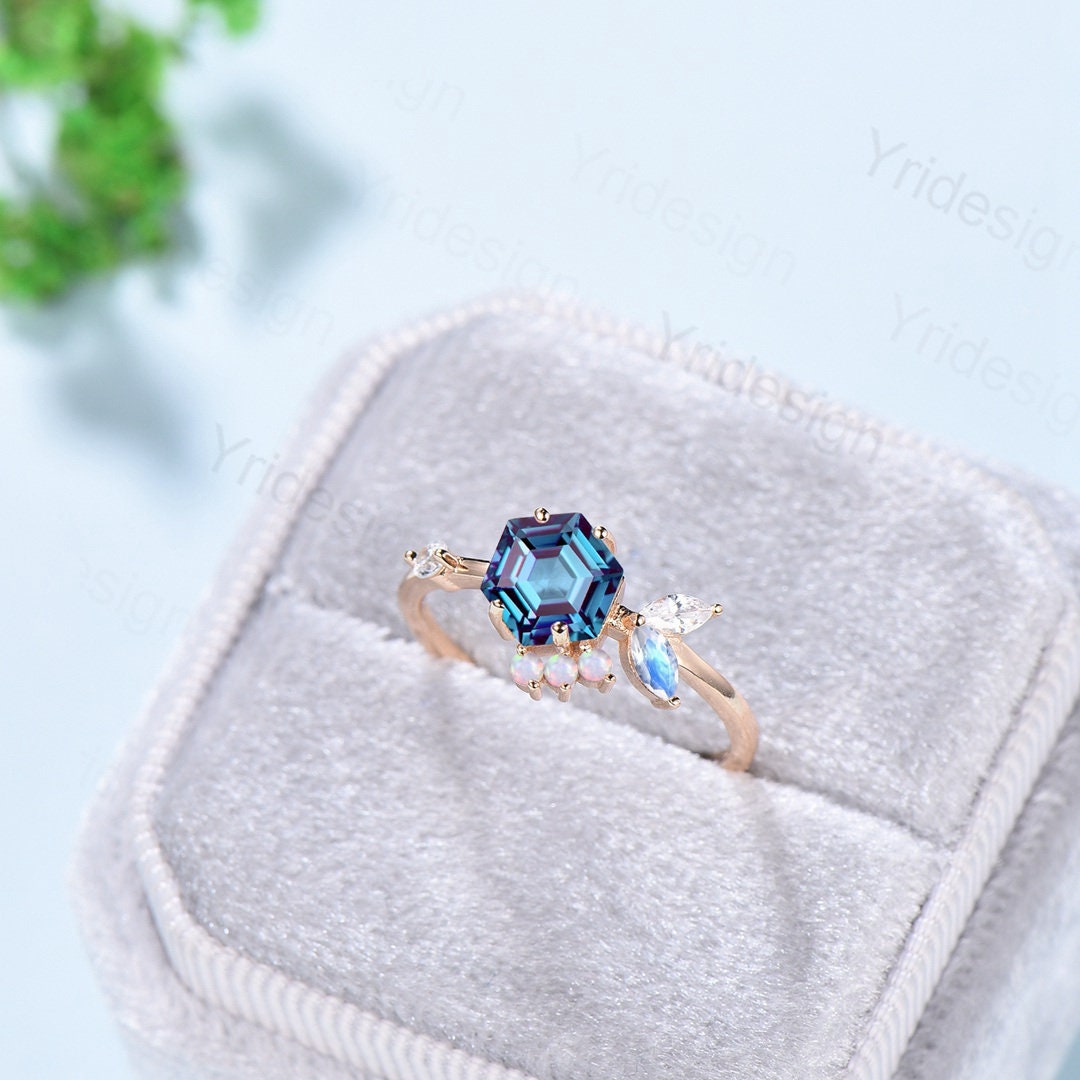 Cluster opal moonstone wedding ring women Vintage Hexagon Alexandrite engagement ring art deco fish silver gold moissanite bridal ring gifts - PENFINE