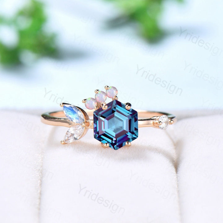 Cluster opal moonstone wedding ring women Vintage Hexagon Alexandrite engagement ring art deco fish silver gold moissanite bridal ring gifts - PENFINE