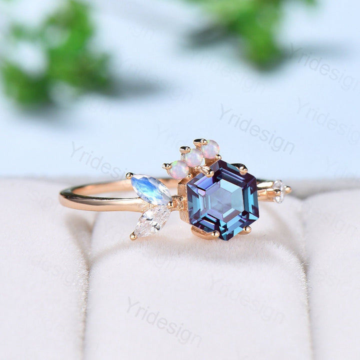 Cluster opal moonstone wedding ring women Vintage Hexagon Alexandrite engagement ring art deco fish silver gold moissanite bridal ring gifts - PENFINE