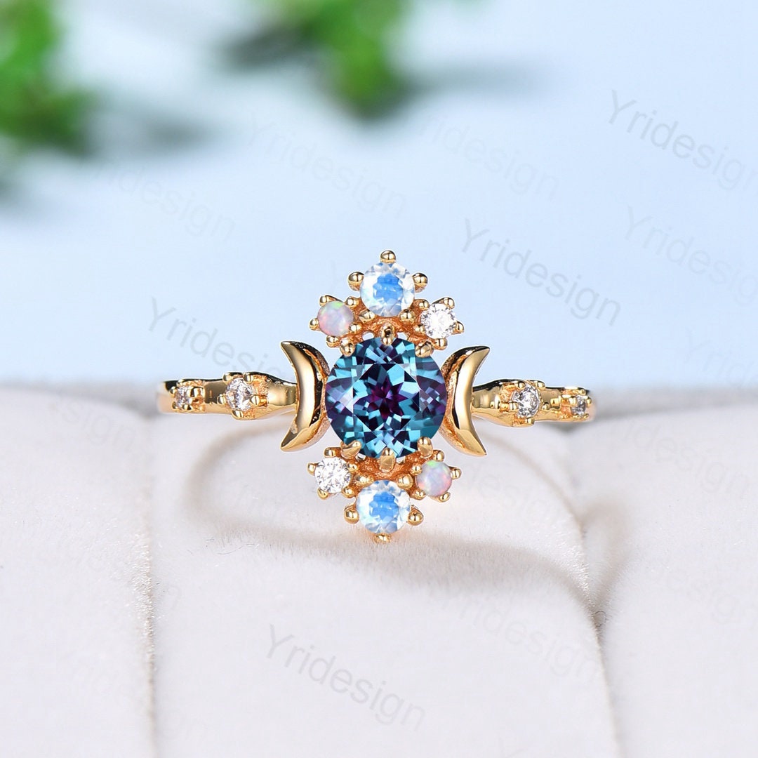 Unique alexandrite engagement ring 5mm dainty round color changing stone vintage cluster opal moonstone Boho wedding ring for women - PENFINE