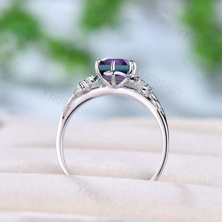 Vintage Hexagon Alexandrite engagement ring Unique natural inspired gold leaf engagement ring branch cluster amethyst wedding ring women - PENFINE