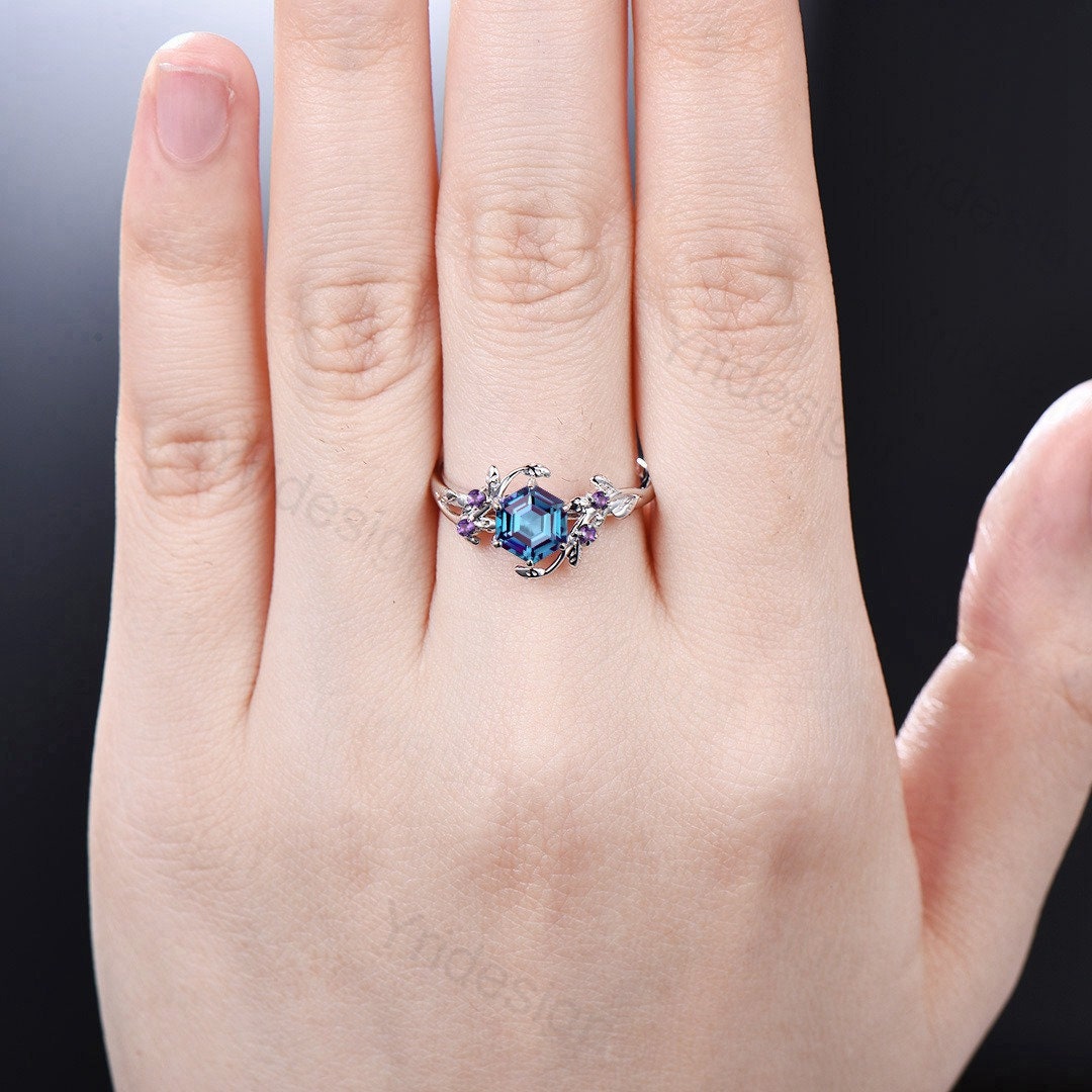 Vintage Hexagon Alexandrite engagement ring Unique natural inspired gold leaf engagement ring branch cluster amethyst wedding ring women - PENFINE